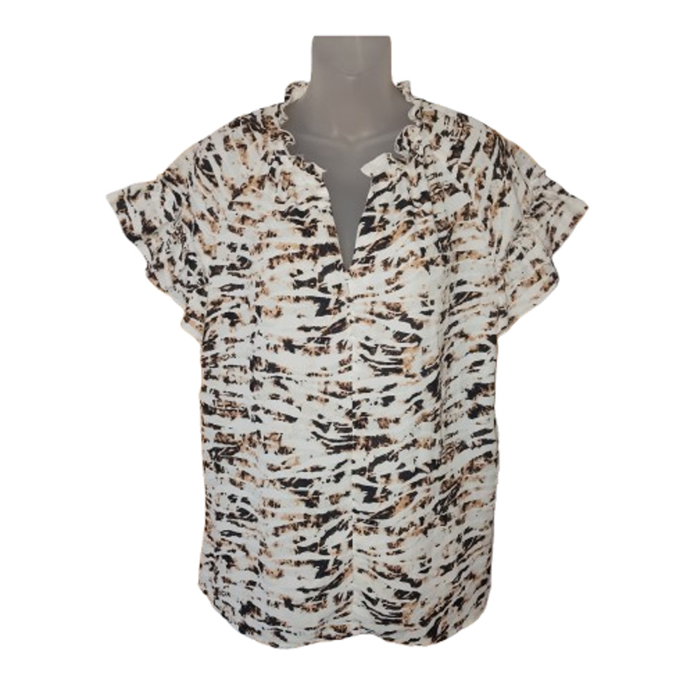 Cooper & Ella Women’s White Brown Animal Print Ruffle Top Size M BG32